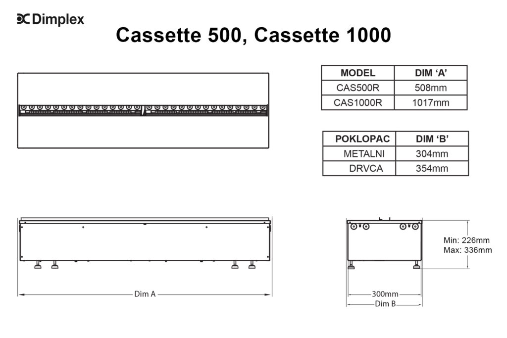 tehnički crtež Dimplex Cassette 500 i 1000 električni kamini