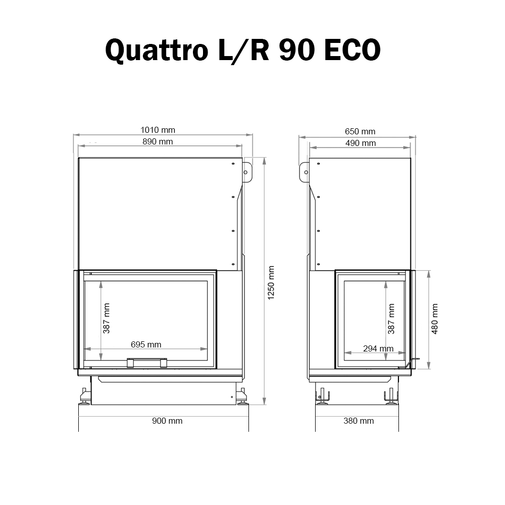 Tehnički crtež Kamin na drva Quattro 90 ECO levi i desni ugao