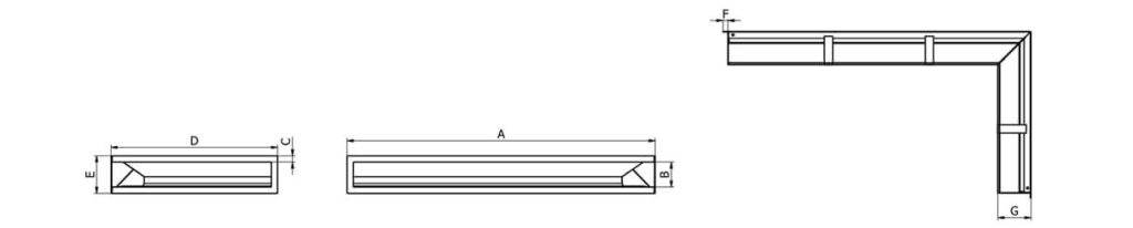 Tehnički crtež ventilacione ugaone rešetke za kamin Defro