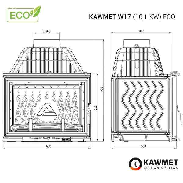 Tehnički crtež kamina na drva W17 16,1 kW ECO KAWMET
