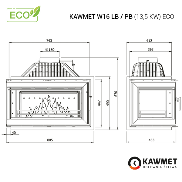 Tehnički crtež Kamin na drva W16 LB i PB (13,5 kW) ECO - KAWMET