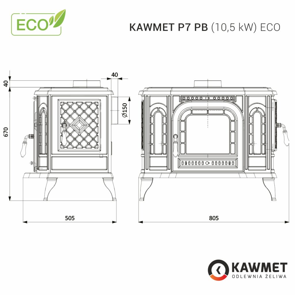Tehnički crtež Peć na drva P7 PB (10,5 kW) ECO - KAWMET