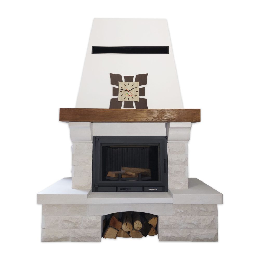 Obloga od kamena za kamin na drva bež mermer sa hrastovom gredom