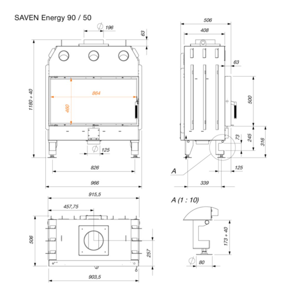 Tehnički crtež Kamin na drva Energy 90х50 (19,0 kW) ECO - SAVEN