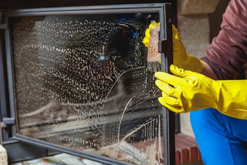 Čišćenje stakla na kaminu pomoću tečnosti za čišćenje