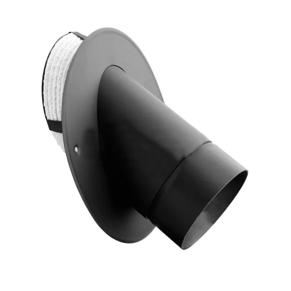 Teleskopski zidni nastavak za keramički dimnjak pod uglom od 45° sa termoizolacionim užetom i prirubnicom za pokrivanje otvora u zidu namenjen je za odvod dima i produkata sagorevanja iz peći u dimnjak.