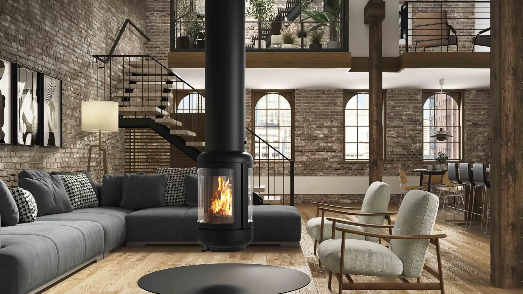 Rocal Vesta Central - Viseća verzija – kamin visi sa plafona uz pomoć specijalnog plafonskog nosača i dekorativne obloge dimovodne cevi