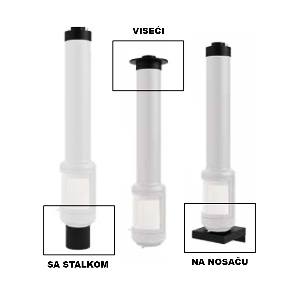 Rocal Vesta Frontal može da bude: zidno montiran na specijalni plateau nosač – efekat „lebdećeg“ kamina, okačen sa plafona kao viseći kamin, postavljen na stalak kao samostojeća verzija.