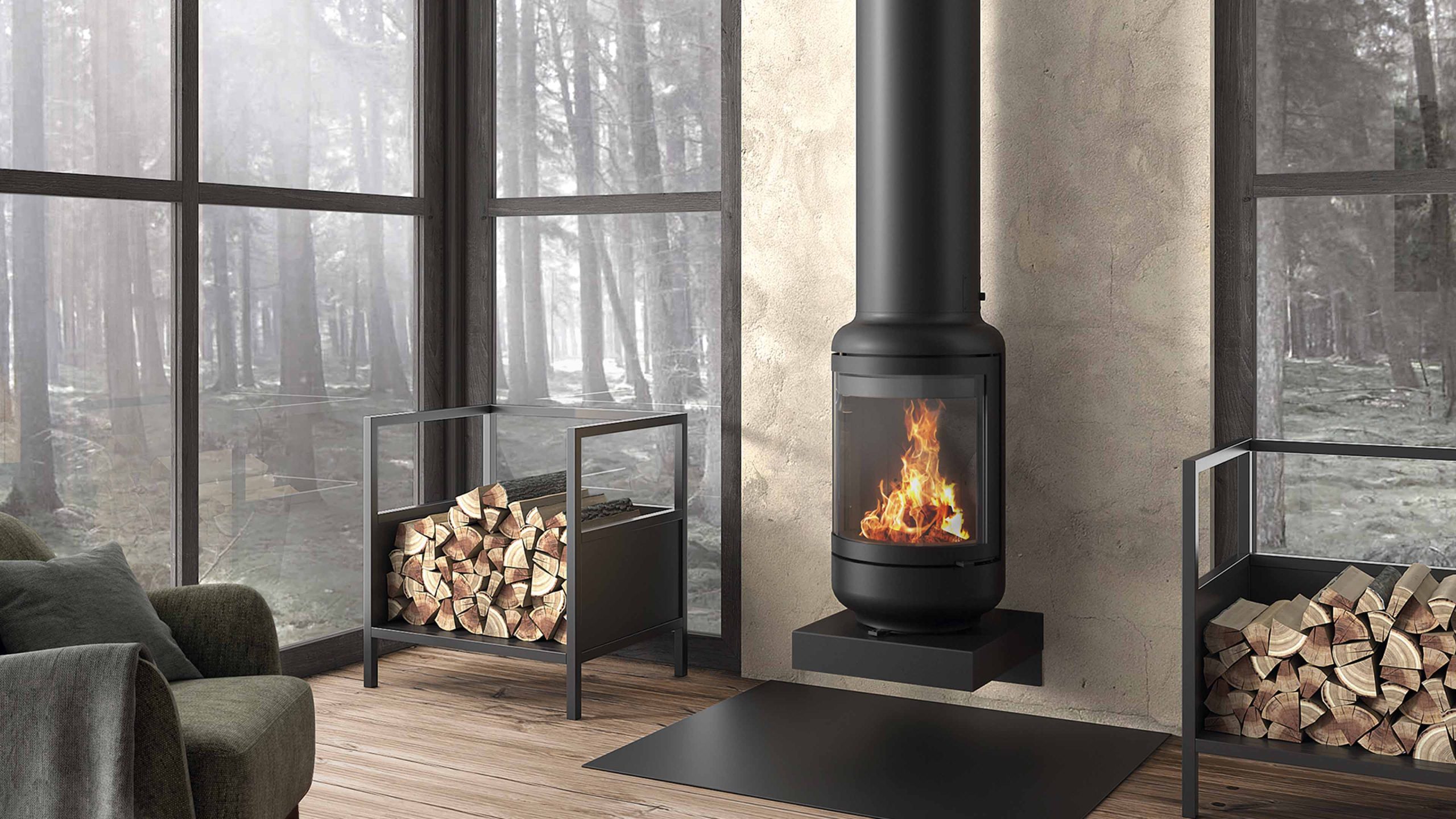 Rocal Vesta Frontal, dizajnerski kamin na drva sa tri opcije- viseći, sa stalkom, na zidnom nosaču