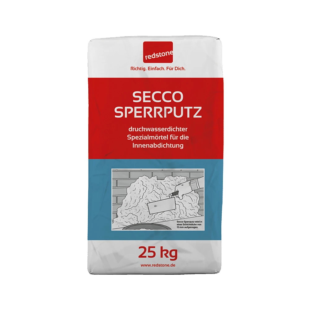 Redstone Secco Sperrputz je specijalni mineralni hidroizolacioni zaporni malter namenjen za unutrašnju hidroizolaciju vlažnih zidova i zidova opterećenih solima.